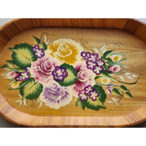 TRAY-WOODEN-HAND PAINTED-Floral-Lightweight-Artist-Bright Colors-18 in X 10 in - Picture 8 of 12